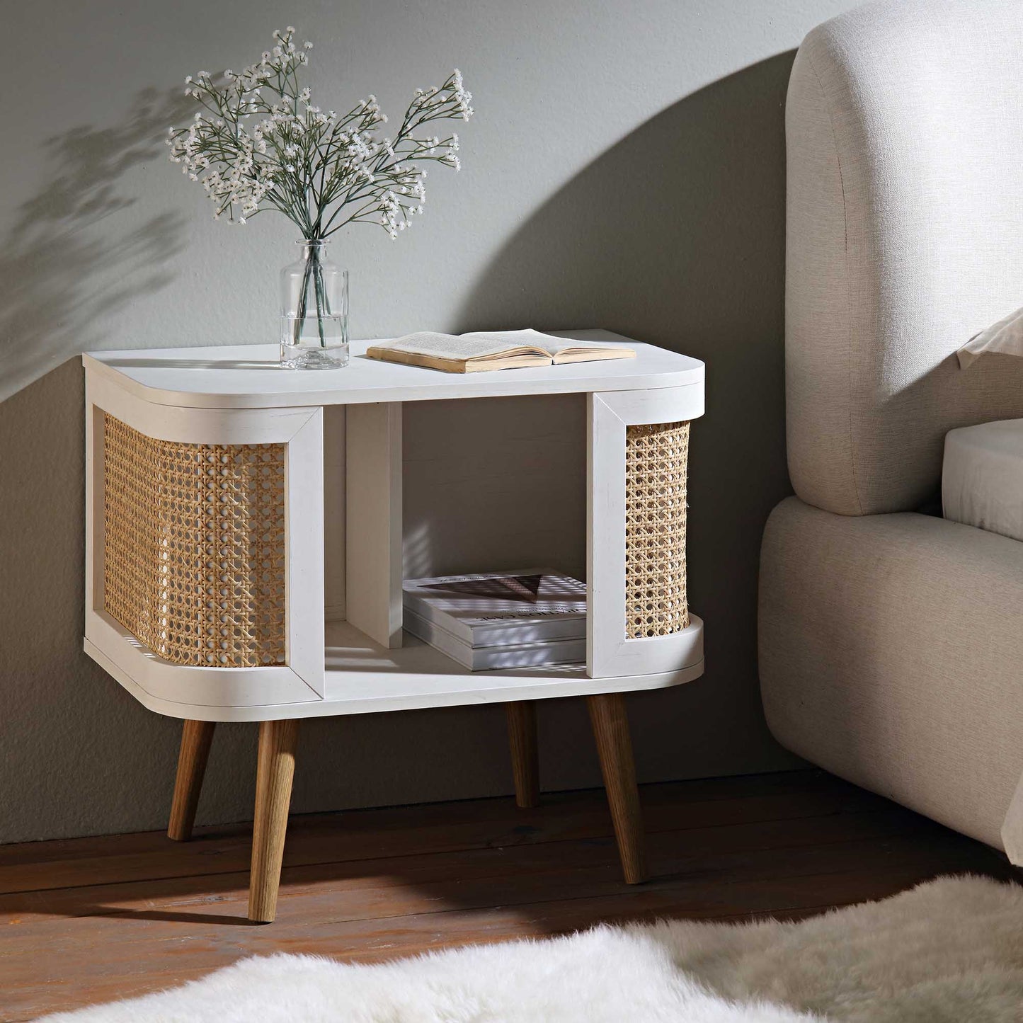 Izzy Curved Rattan Bedside Table, White
