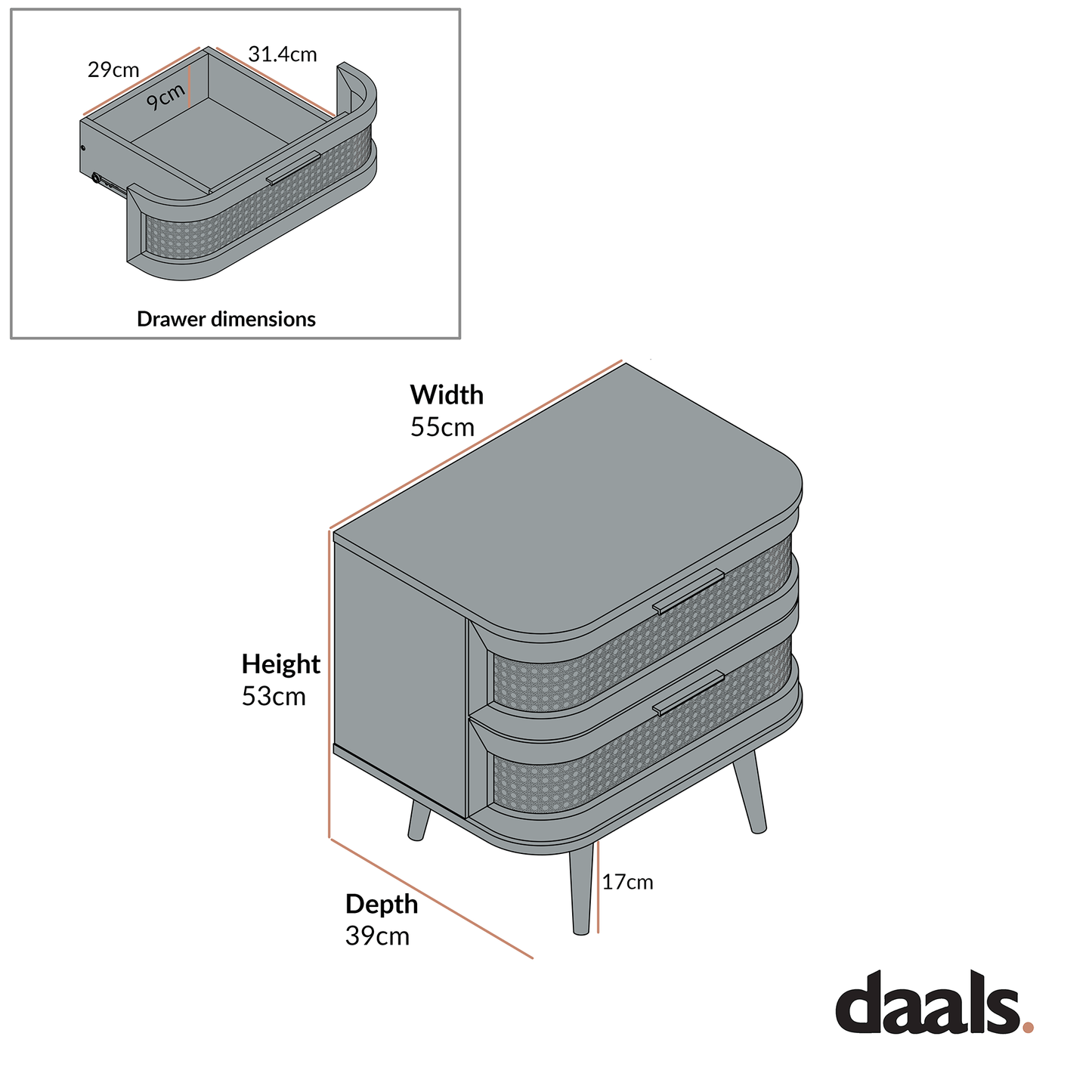 Izzy Curved Rattan 2-Drawer Bedside Table, Natural