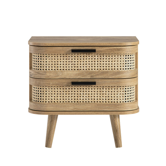 Izzy Curved Rattan 2-Drawer Bedside Table, Natural