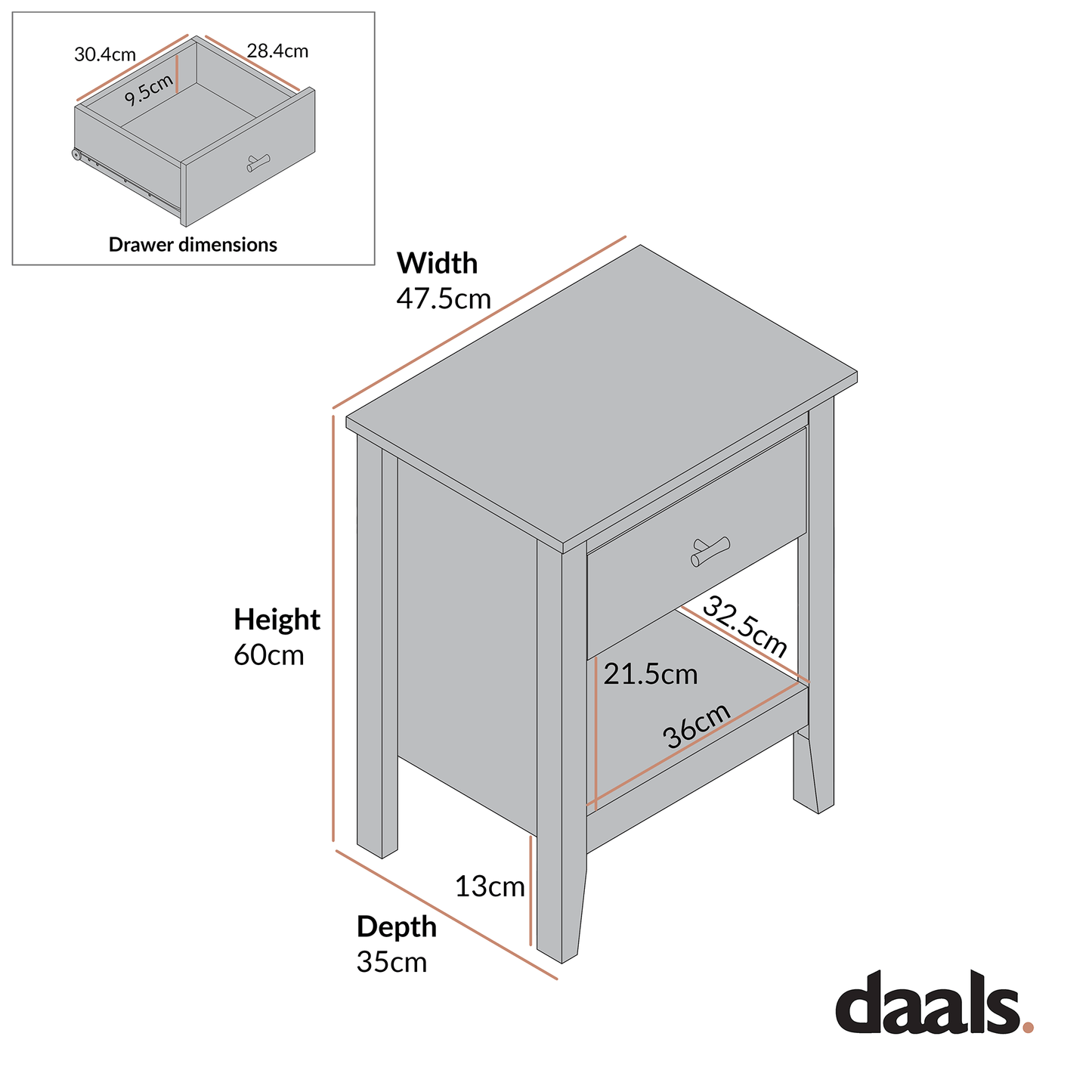 Oakham 1-Drawer Bedside Table, Shaded White
