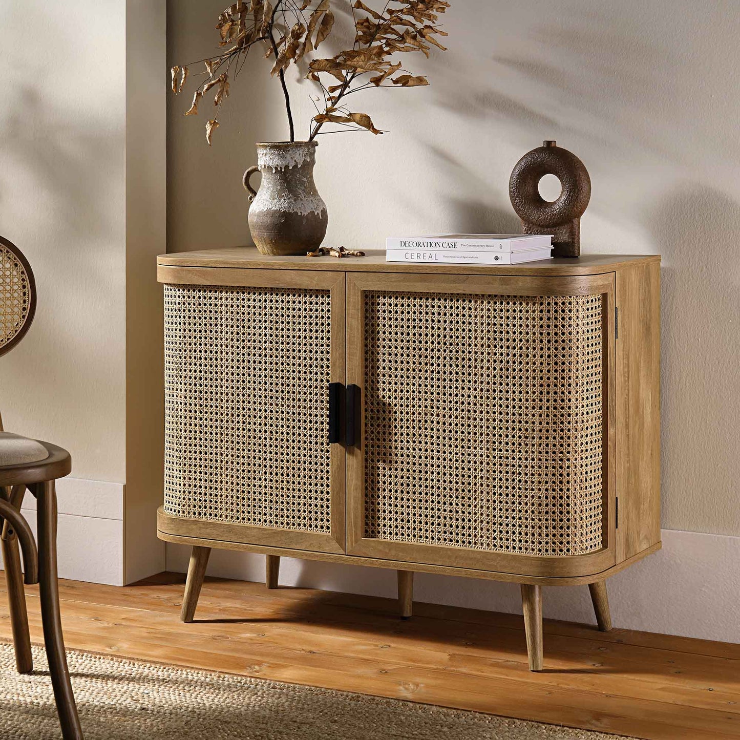 Izzy Curved Rattan 2-Door Small Sideboard, Natural
