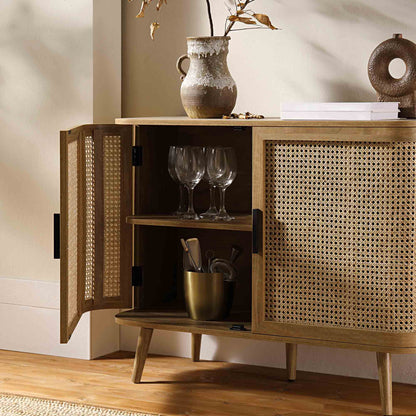 Izzy Curved Rattan 2-Door Small Sideboard, Natural