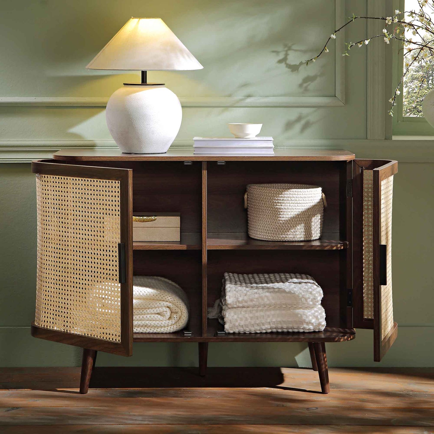 Izzy Curved Rattan 2-Door Small Sideboard, Walnut