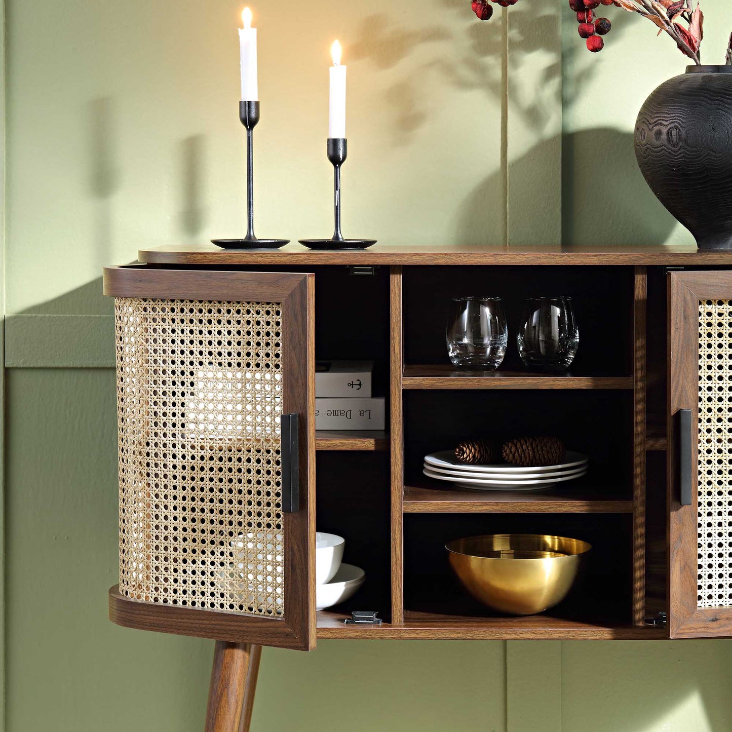 Izzy Curved Rattan 2-Door Buffet Sideboard, Walnut