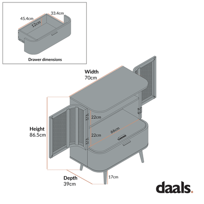 Izzy Curved Rattan 1-Drawer Small Sideboard, Walnut