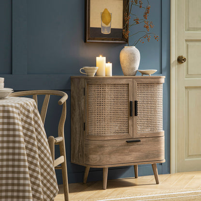 Izzy Curved Rattan 1-Drawer Small Sideboard, Natural