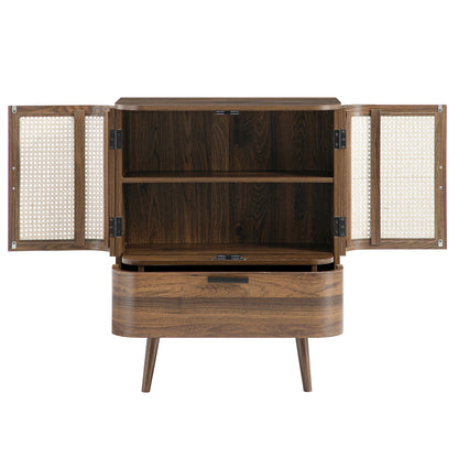 Izzy Curved Rattan 1-Drawer Small Sideboard, Walnut