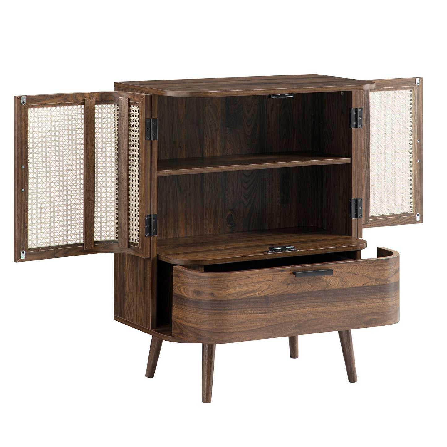Izzy Curved Rattan 1-Drawer Small Sideboard, Walnut