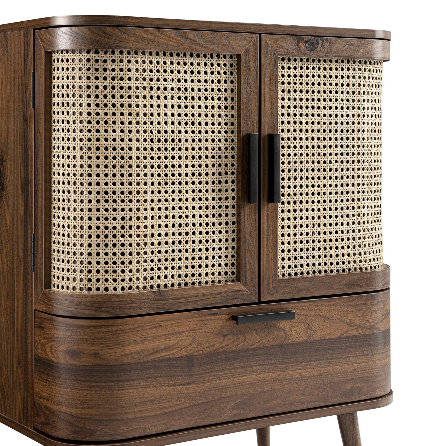 Izzy Curved Rattan 1-Drawer Small Sideboard, Walnut