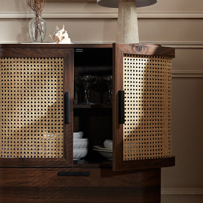 Izzy Curved Rattan 1-Drawer Small Sideboard, Walnut