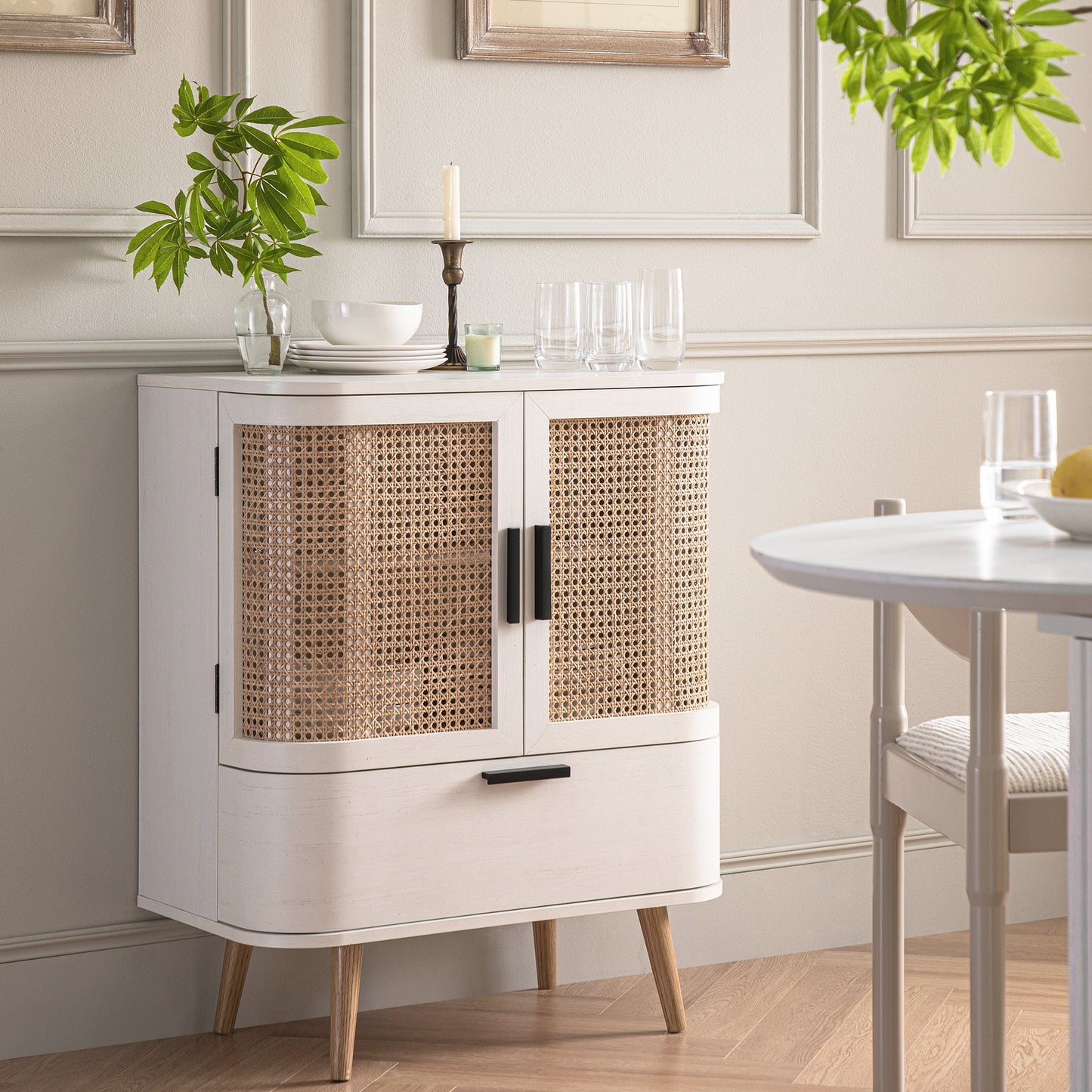 Izzy Curved Rattan 1-Drawer Small Sideboard, White