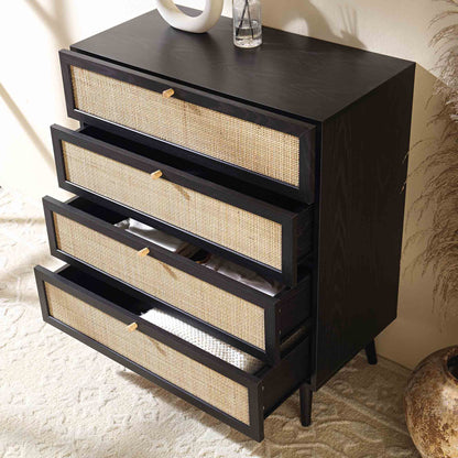 Frances Woven Rattan Tall Chest of 4 Drawers, Black