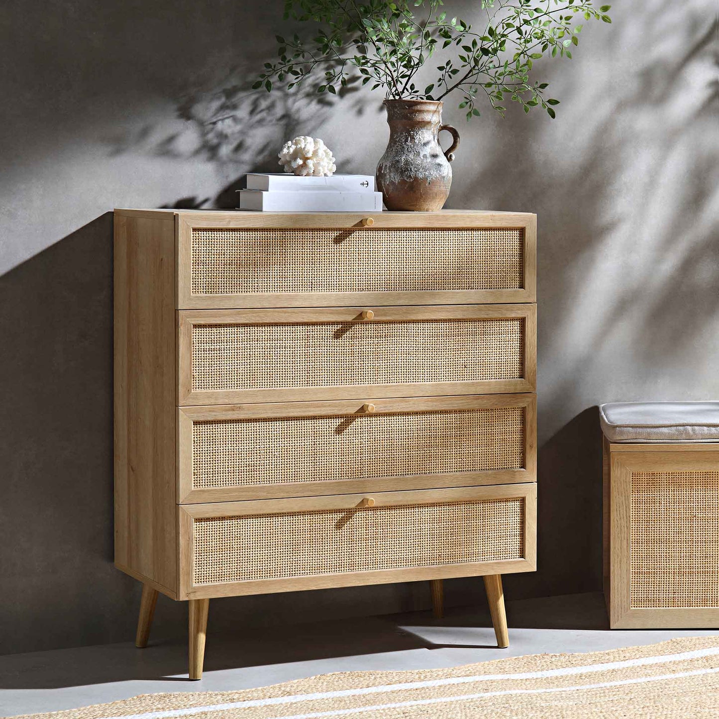 Frances Woven Rattan Tall Chest of 4 Drawers, Natural