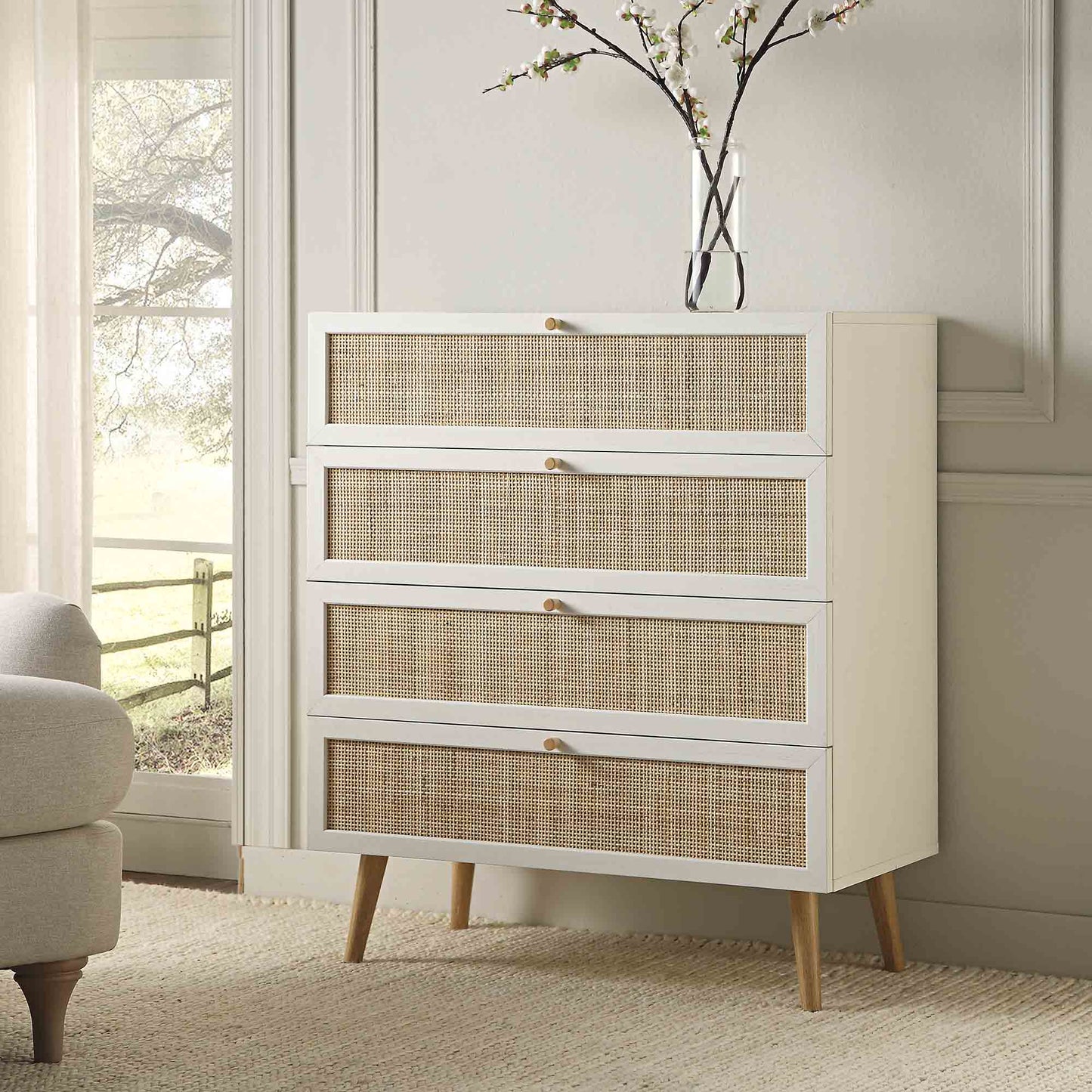 Frances Woven Rattan Tall Chest of 4 Drawers, White