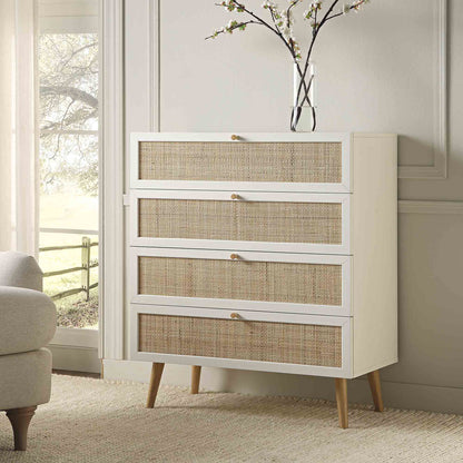Frances Woven Rattan Tall Chest of 4 Drawers, White