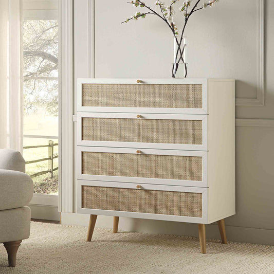 Frances Woven Rattan Tall Chest of 4 Drawers, White