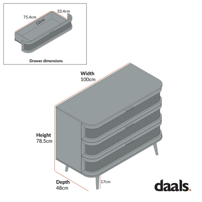 Izzy Curved Rattan Chest of 3 Drawers, Natural