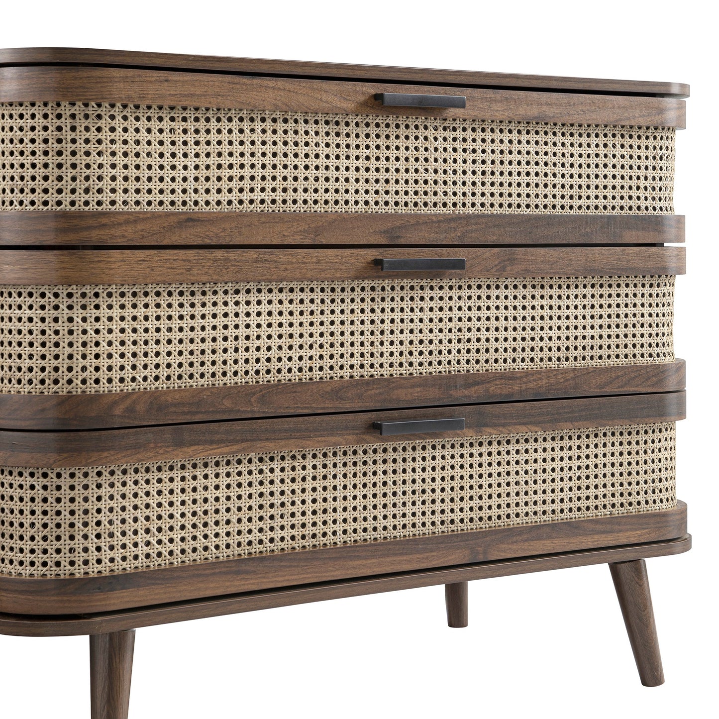 Izzy Curved Rattan Chest of 3 Drawers, Walnut
