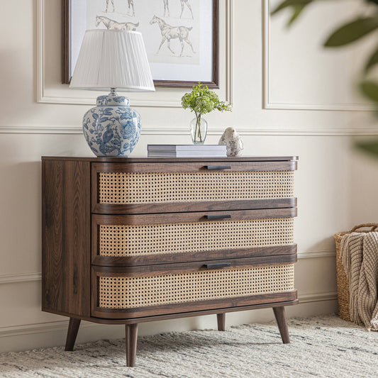 Izzy Curved Rattan Chest of 3 Drawers, Walnut