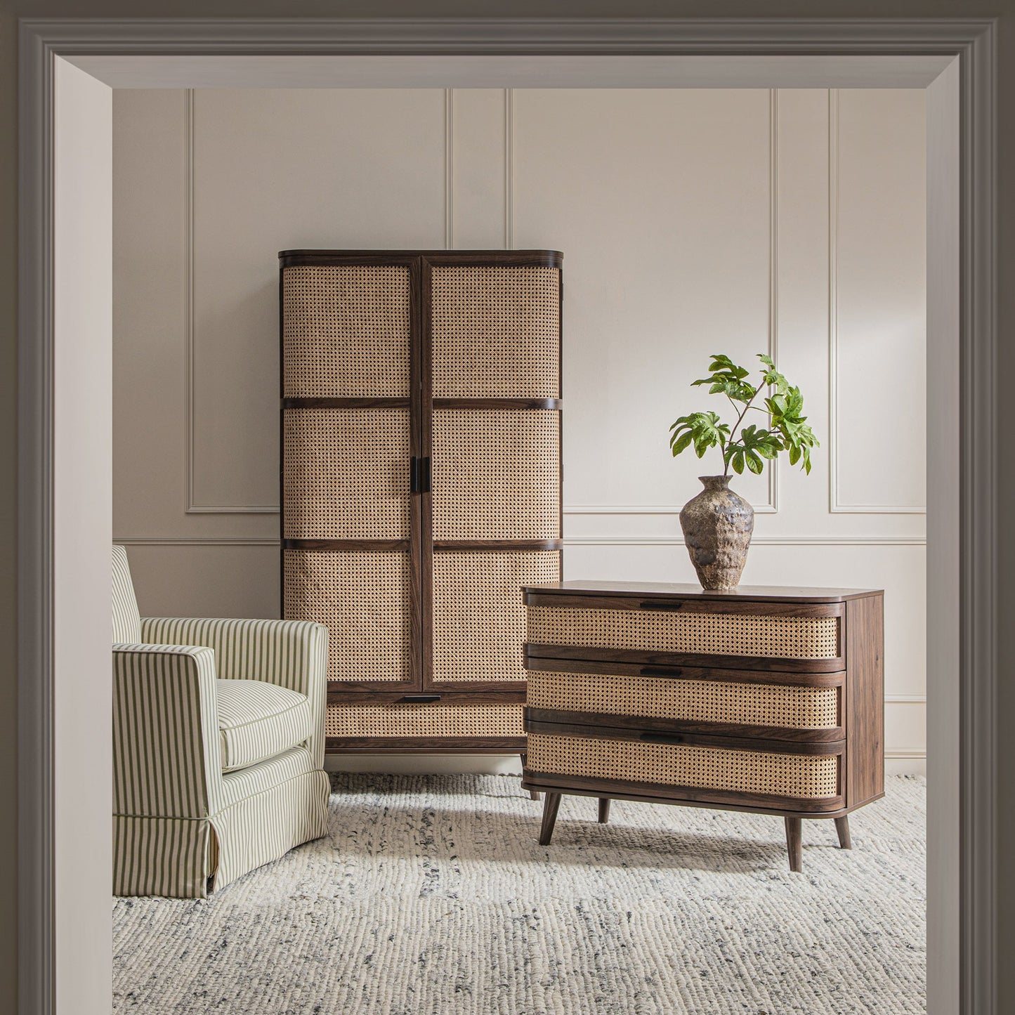 Izzy Curved Rattan Chest of 3 Drawers, Walnut