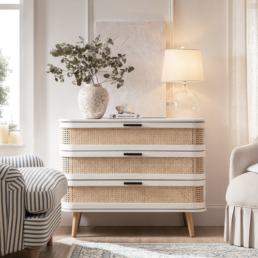 Izzy Curved Rattan Chest of 3 Drawers, White
