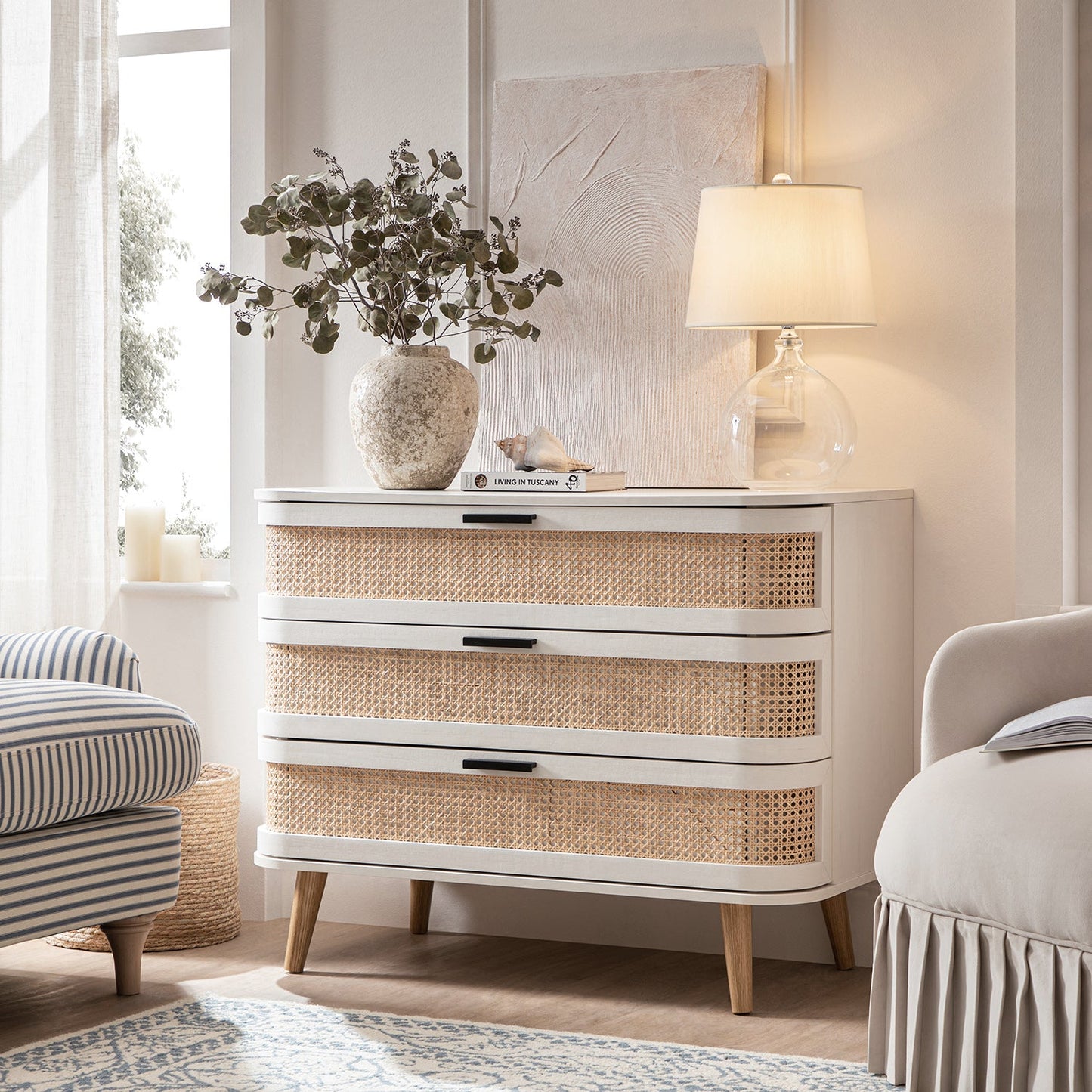 Izzy Curved Rattan Chest of 3 Drawers, White