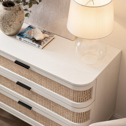 Izzy Curved Rattan Chest of 3 Drawers, White
