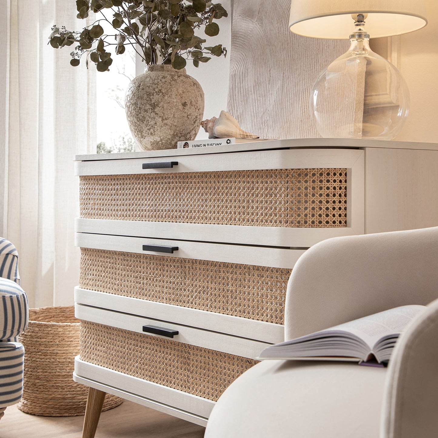 Izzy Curved Rattan Chest of 3 Drawers, White