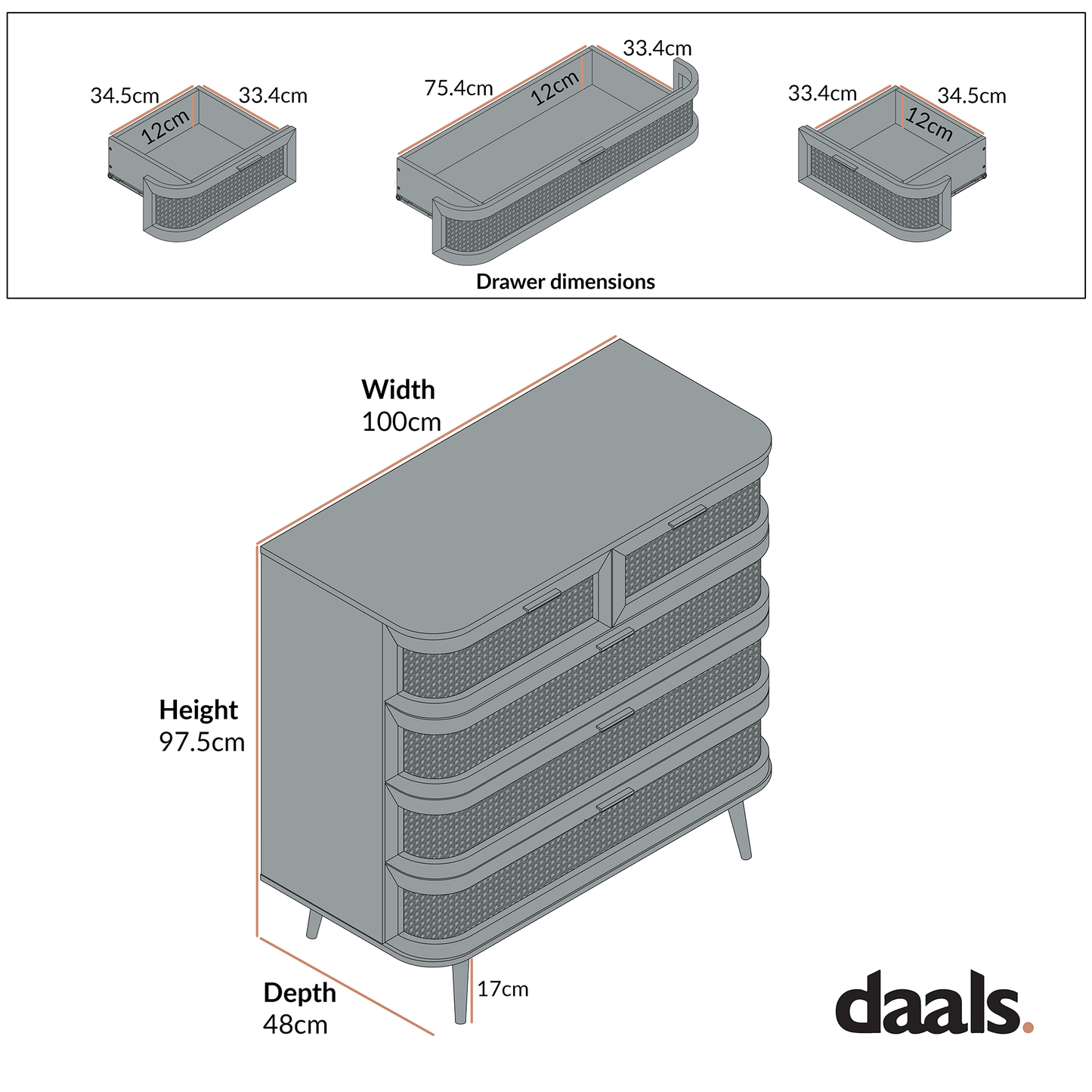 Izzy Curved Rattan Chest of 5 Drawers, Walnut