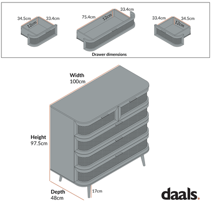 Izzy Curved Rattan Chest of 5 Drawers, Walnut
