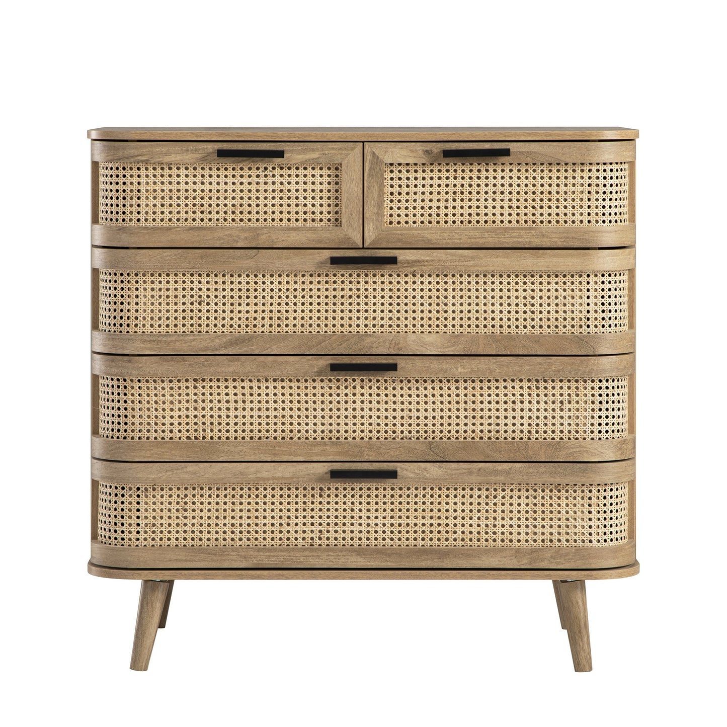 Izzy Curved Rattan Chest of 5 Drawers, Natural