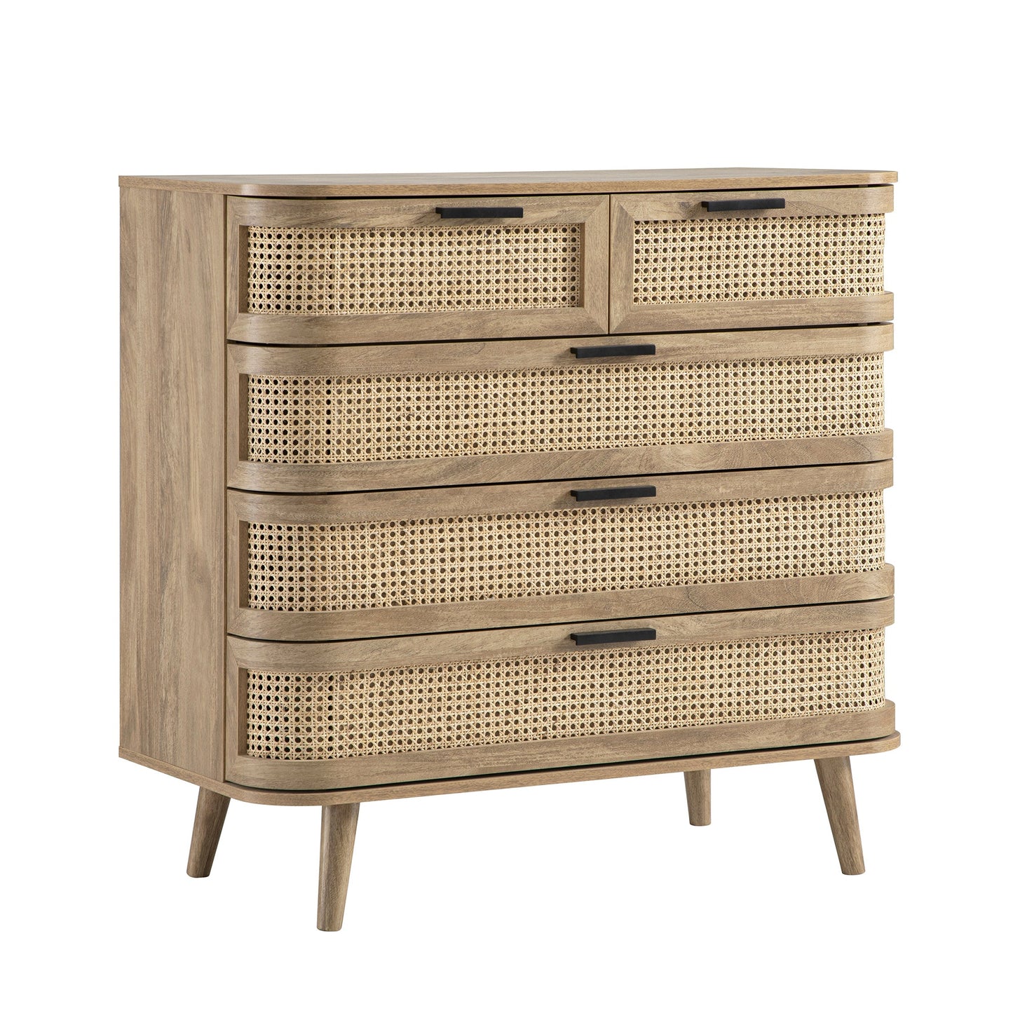 Izzy Curved Rattan Chest of 5 Drawers, Natural