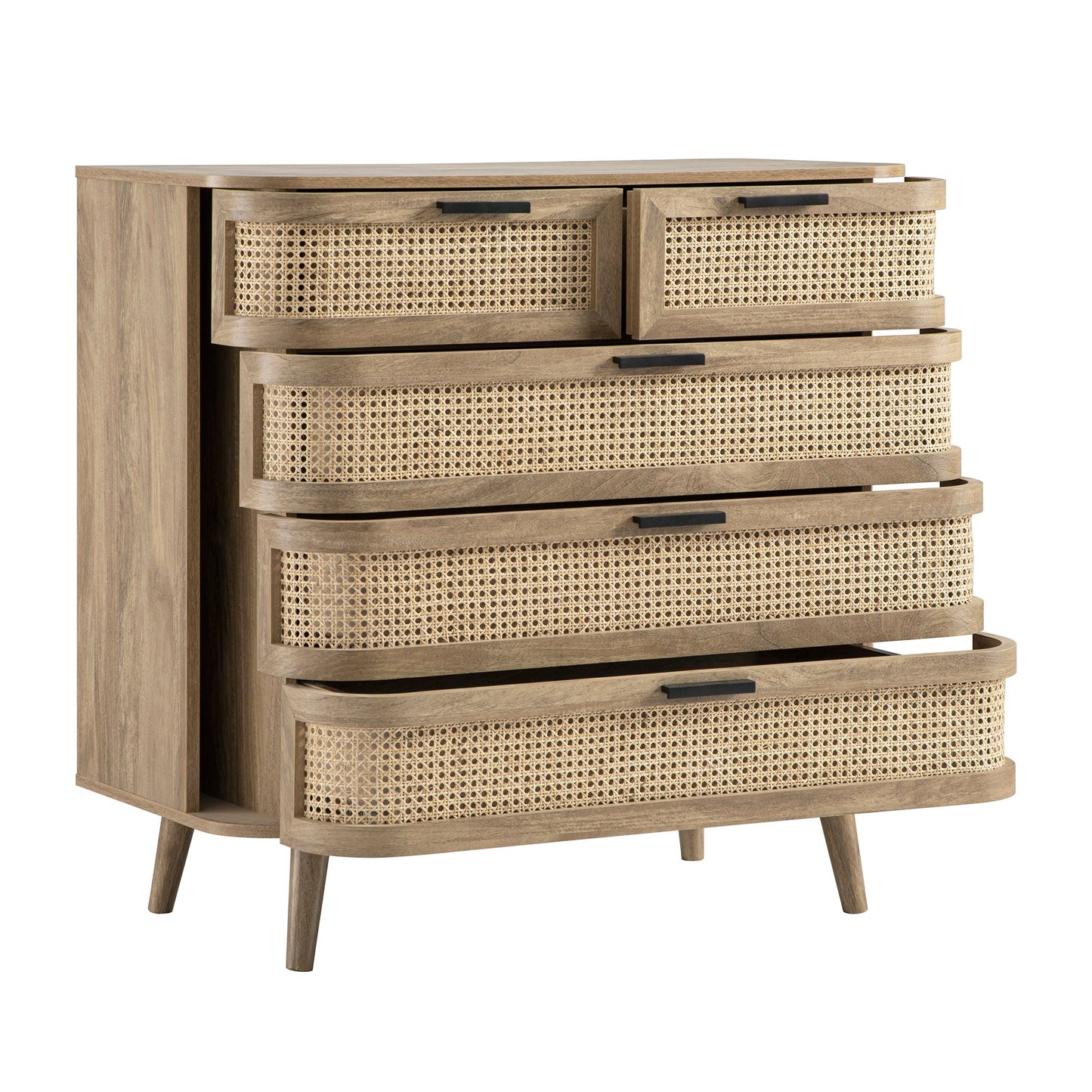 Izzy Curved Rattan Chest of 5 Drawers, Natural