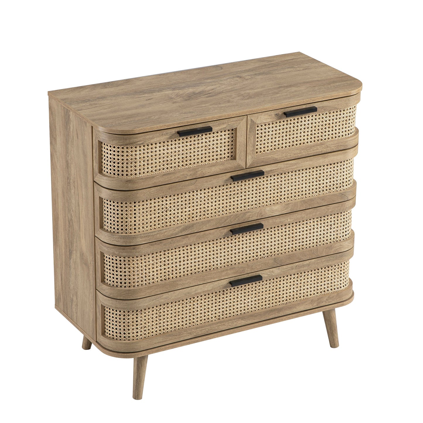 Izzy Curved Rattan Chest of 5 Drawers, Natural