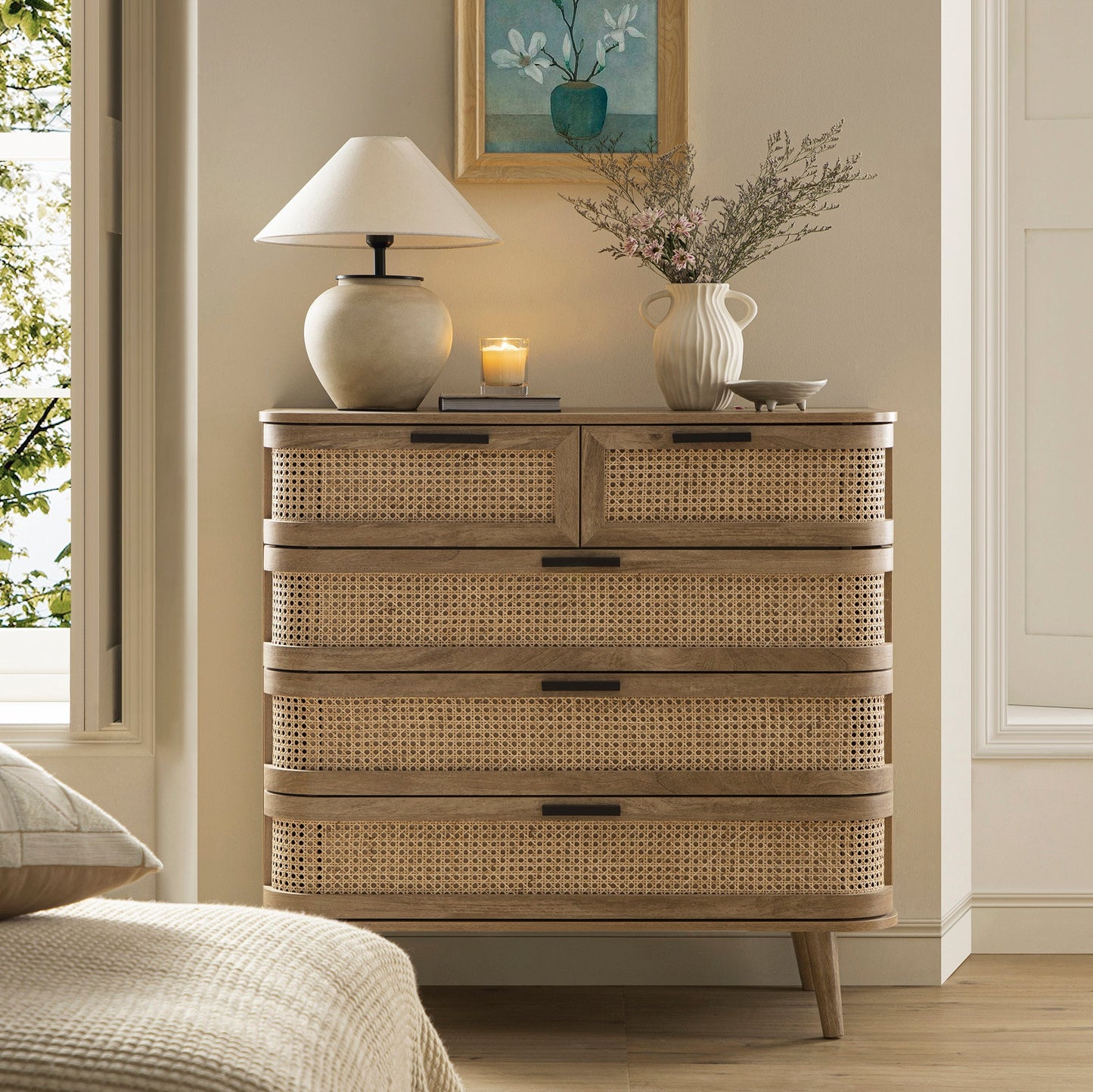 Izzy Curved Rattan Chest of 5 Drawers, Natural