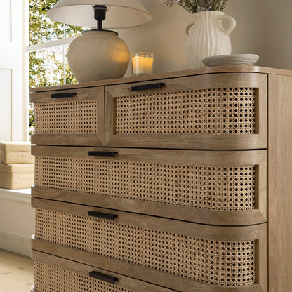 Izzy Curved Rattan Chest of 5 Drawers, Natural