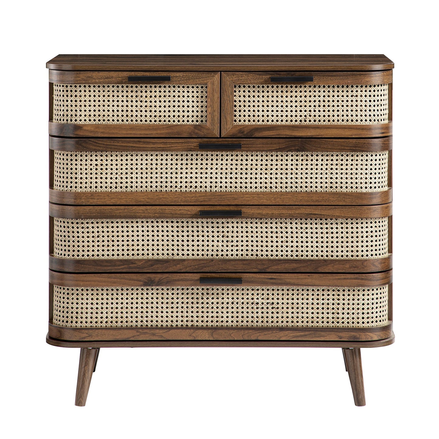 Izzy Curved Rattan Chest of 5 Drawers, Walnut