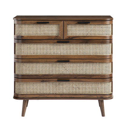 Izzy Curved Rattan Chest of 5 Drawers, Walnut