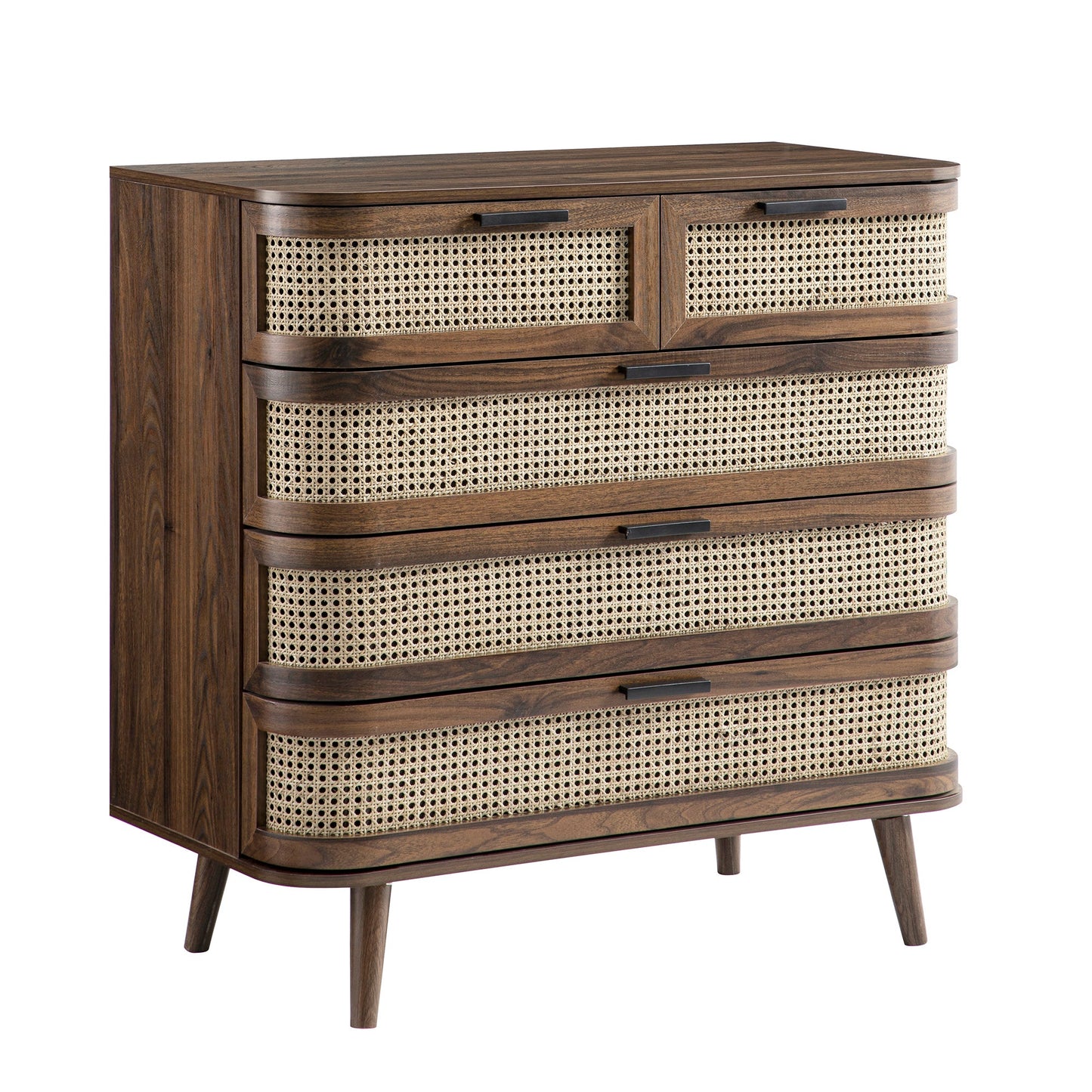 Izzy Curved Rattan Chest of 5 Drawers, Walnut