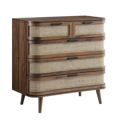 Izzy Curved Rattan Chest of 5 Drawers, Walnut
