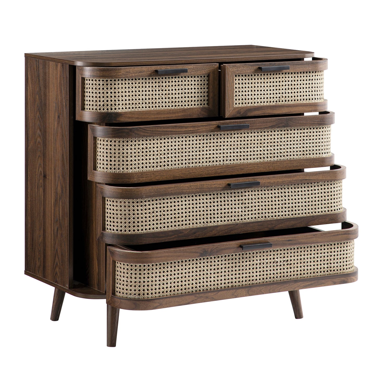 Izzy Curved Rattan Chest of 5 Drawers, Walnut