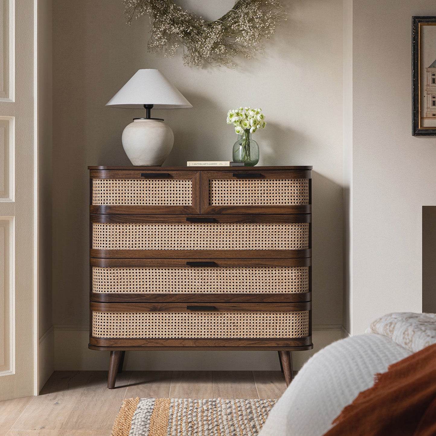 Izzy Curved Rattan Chest of 5 Drawers, Walnut