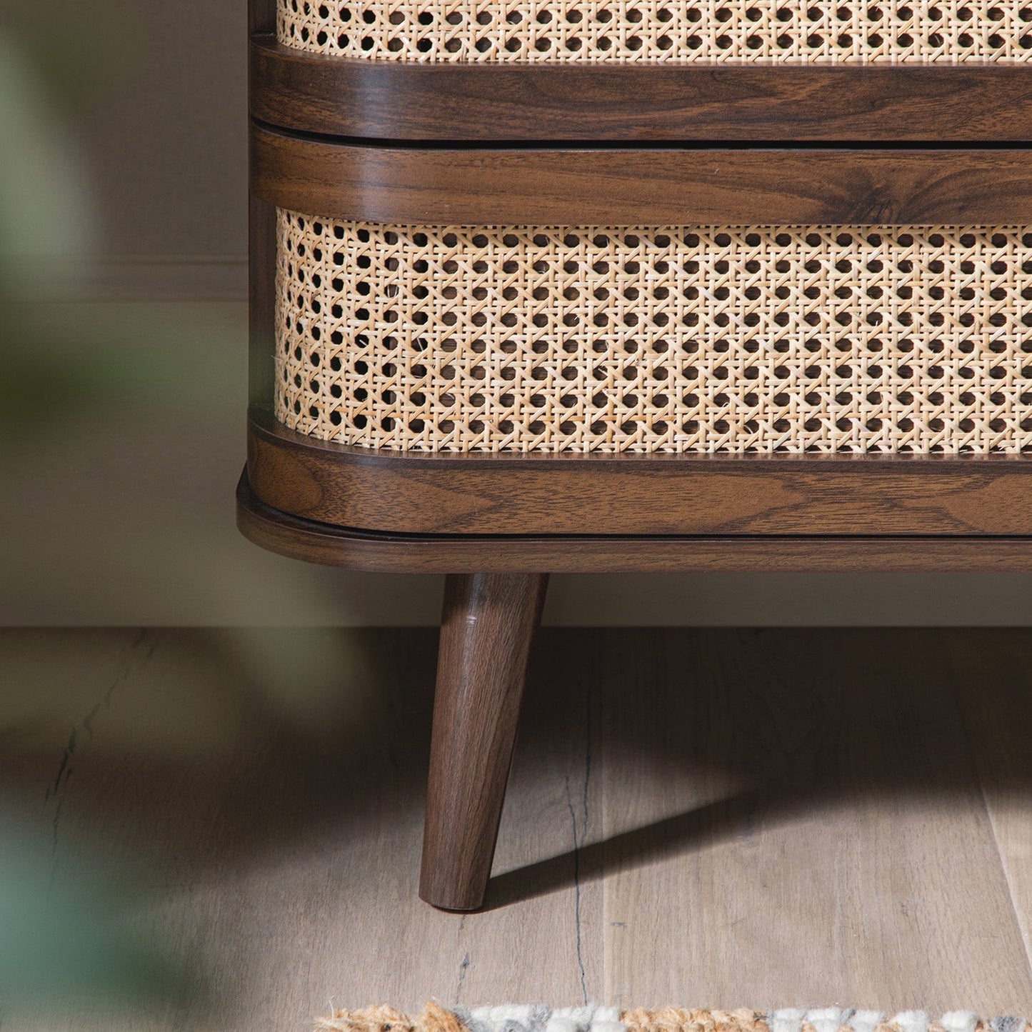 Izzy Curved Rattan Chest of 5 Drawers, Walnut