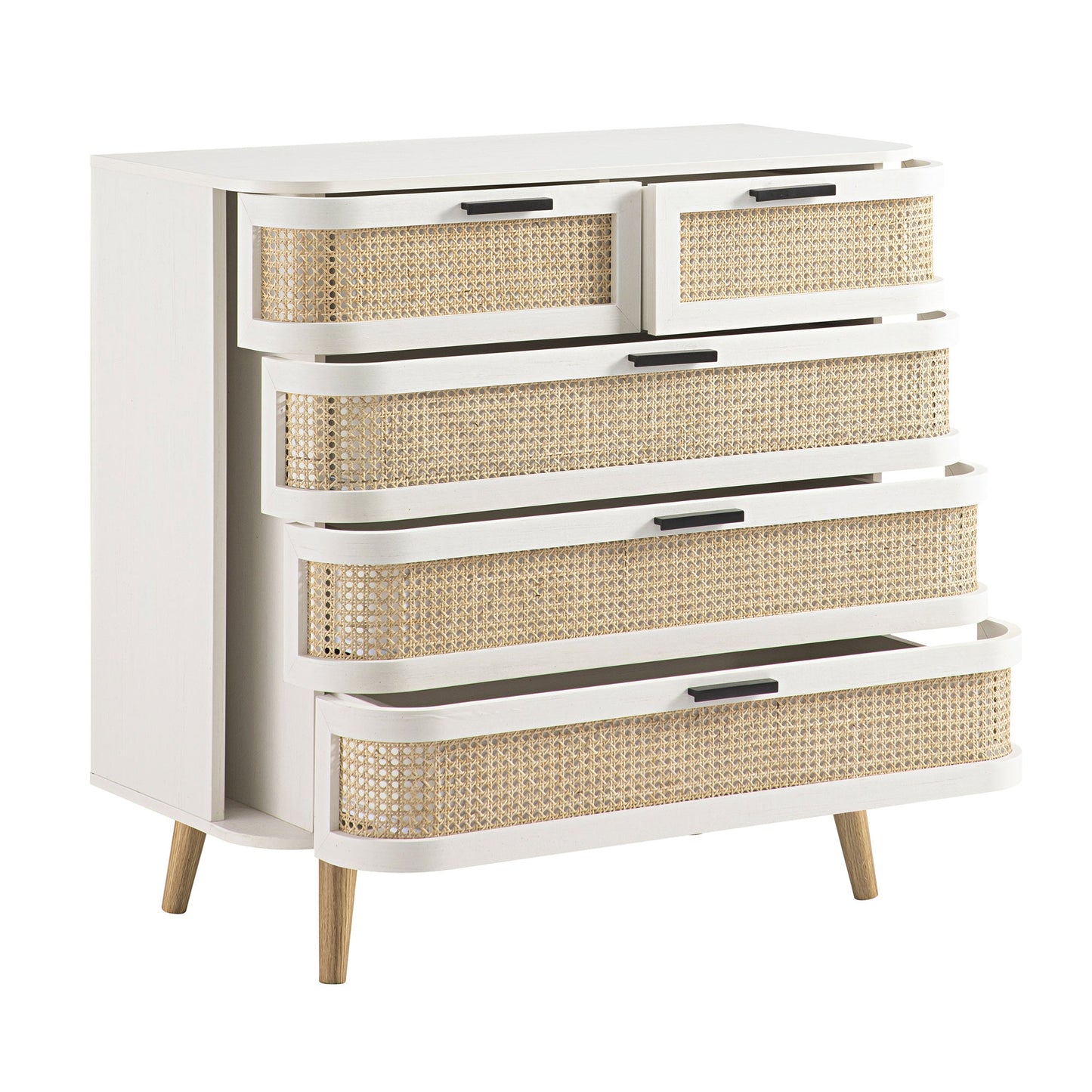 Izzy Curved Rattan Chest of 5 Drawers, White