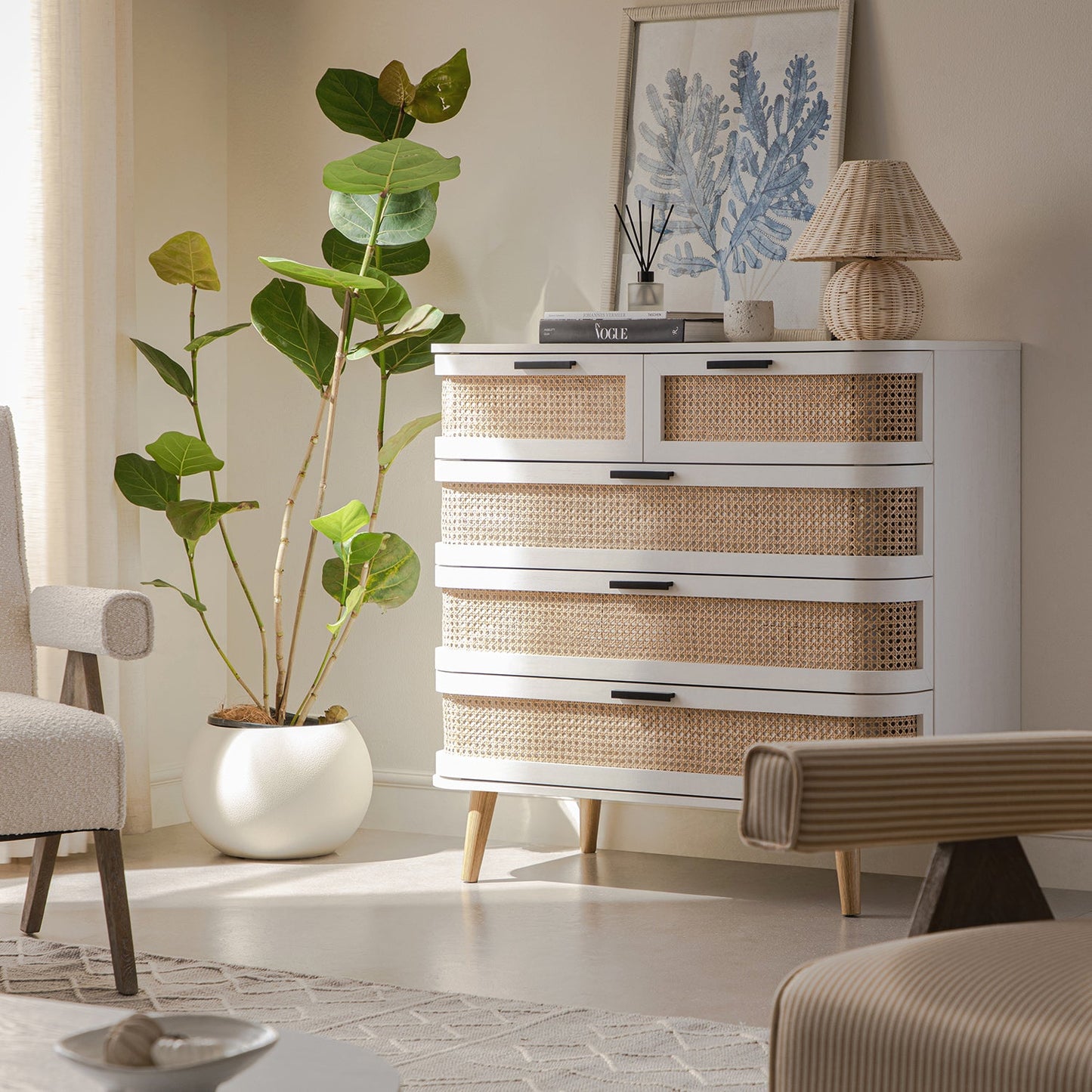 Izzy Curved Rattan Chest of 5 Drawers, White