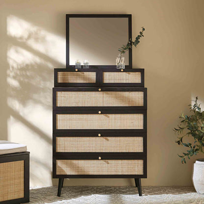 Frances Woven Rattan Tall Vanity Chest with Mirror, Black