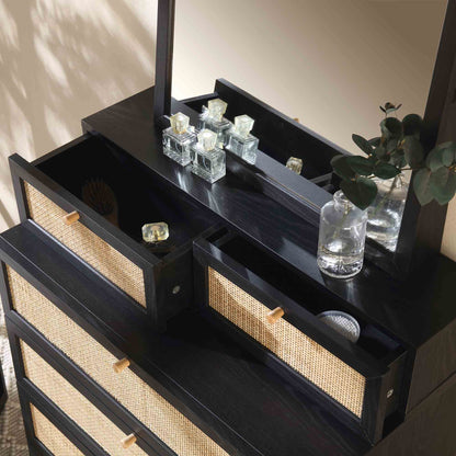 Frances Woven Rattan Tall Vanity Chest with Mirror, Black