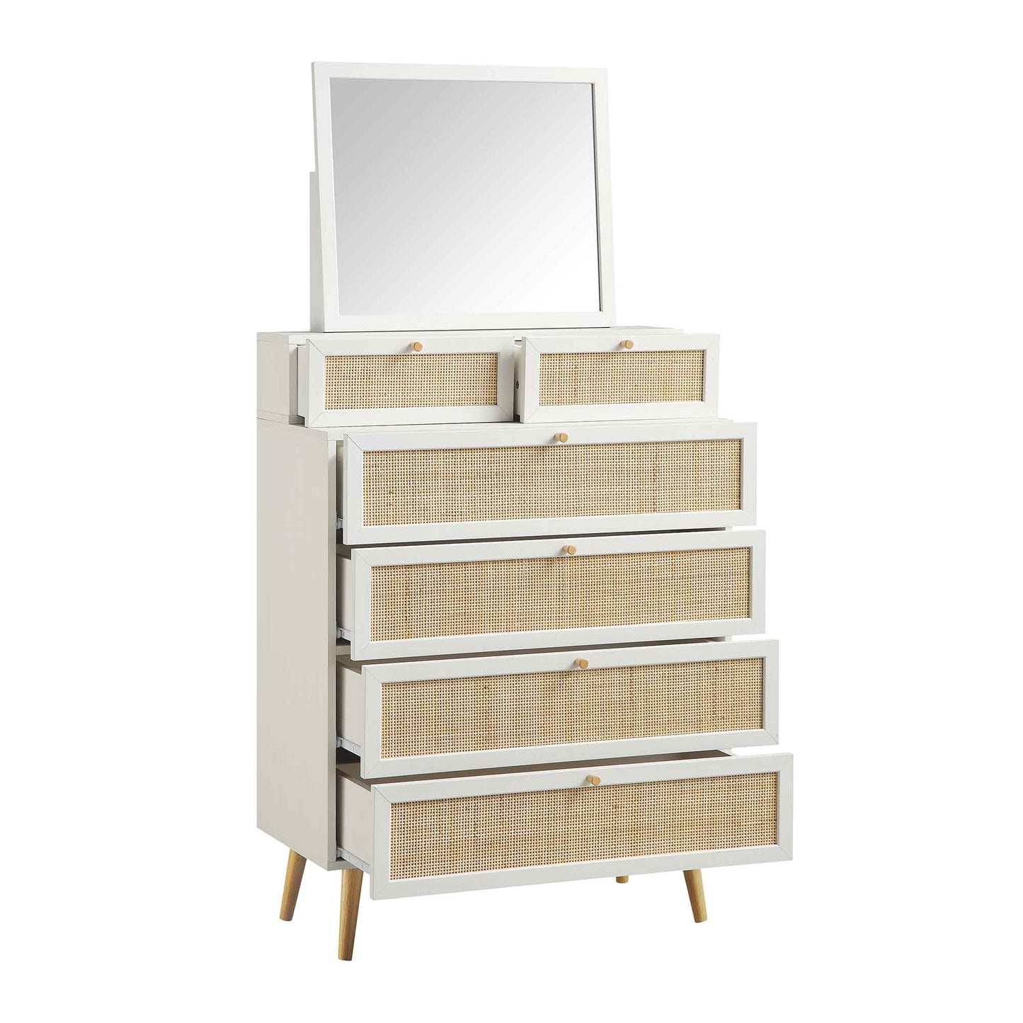 Frances Woven Rattan Tall Vanity Chest with Mirror, White
