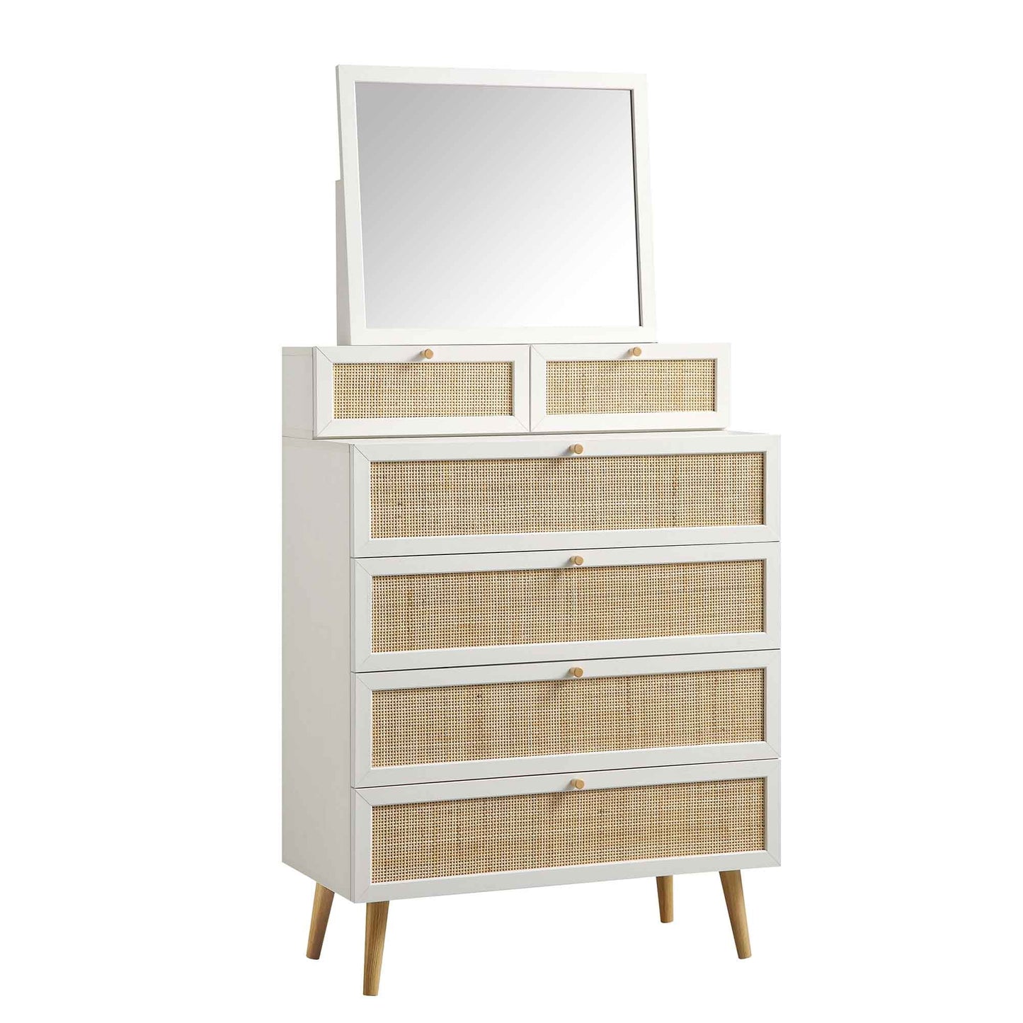 Frances Woven Rattan Tall Vanity Chest with Mirror, White