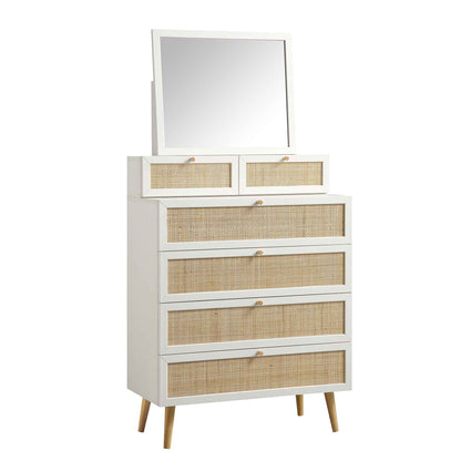 Frances Woven Rattan Tall Vanity Chest with Mirror, White